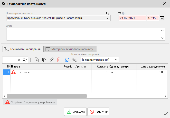 Технологічна карта моделі