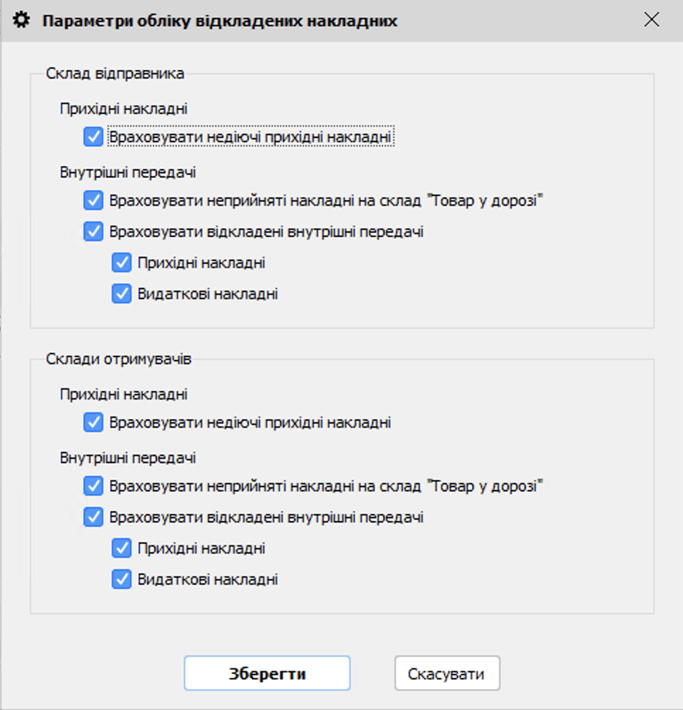 Параметри обліку відкладених накладних