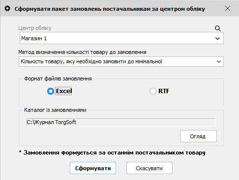 Сформувати пакет замовлень постачальникам за центром обліку