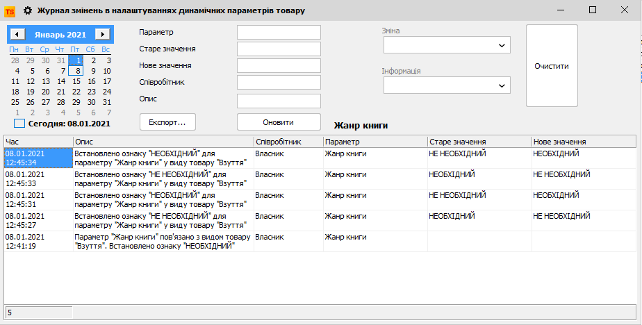 Журнал змінень в налаштуваннях динамічних параметрів товару