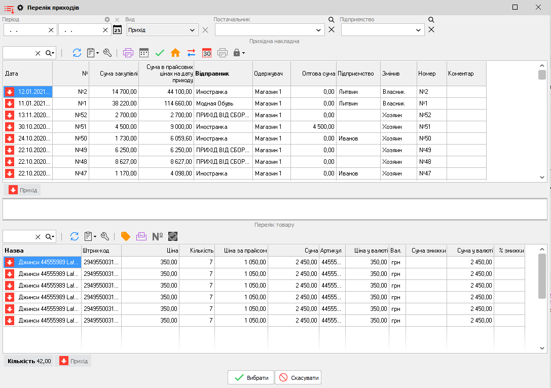Перелік приходів - коригування цін