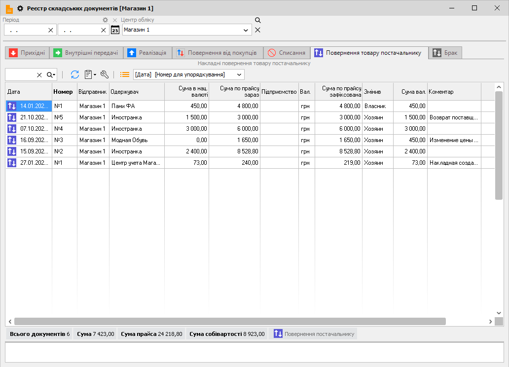 Реєстр складських документів - Повернення постачальнику
