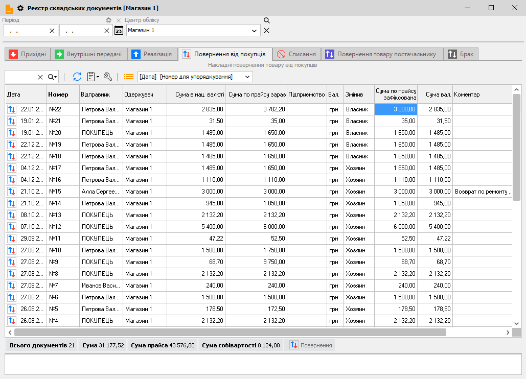 Реєстр складських документів - Повернення від покупців
