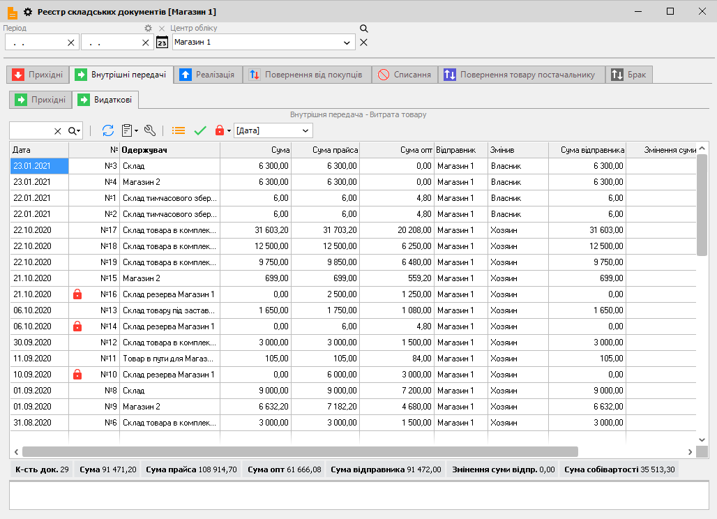 Реєстр складських документів - Внутрішні передачі - Витратні