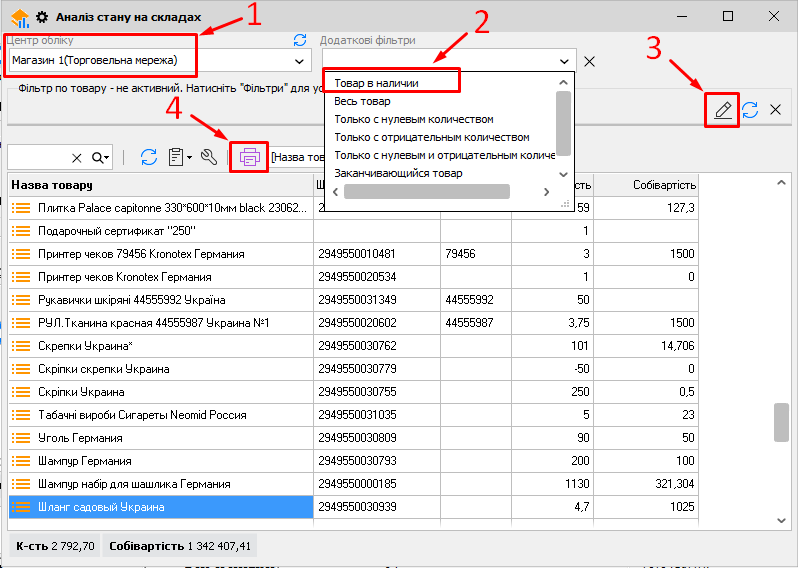 Аналіз стану на складах - головна