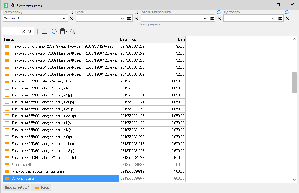 Ціна продажу режим