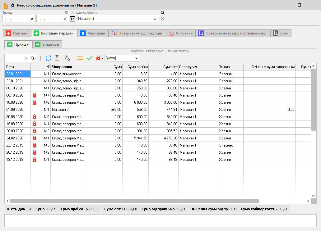 Реєстр складських документів - Внутрішні передачі - Приходні