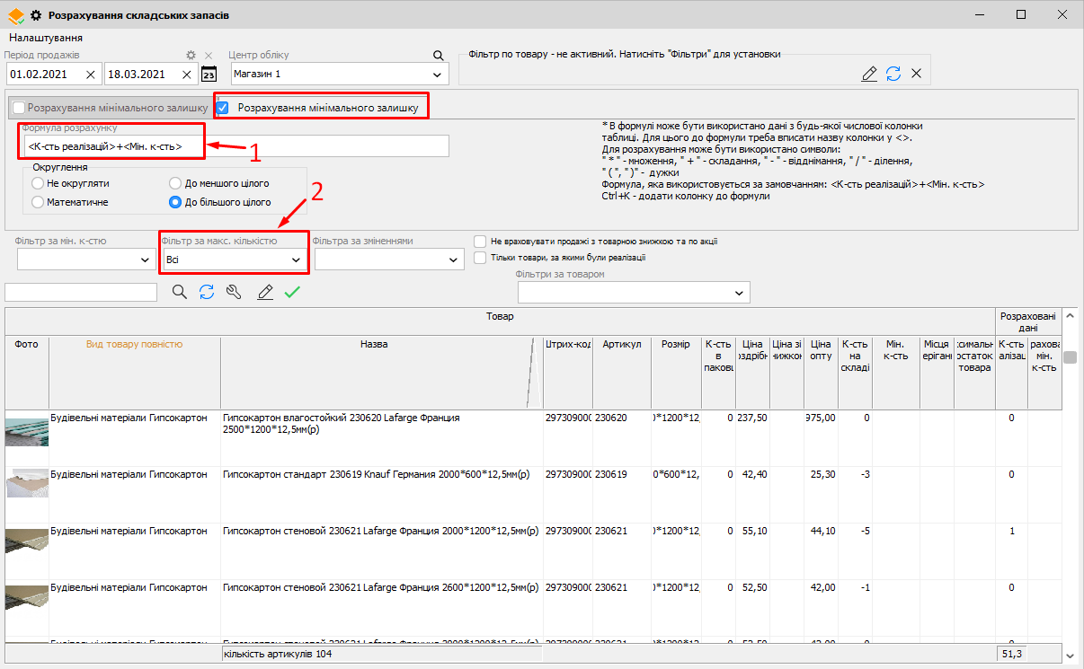 Розрахунок складських запасів - макс. залишок