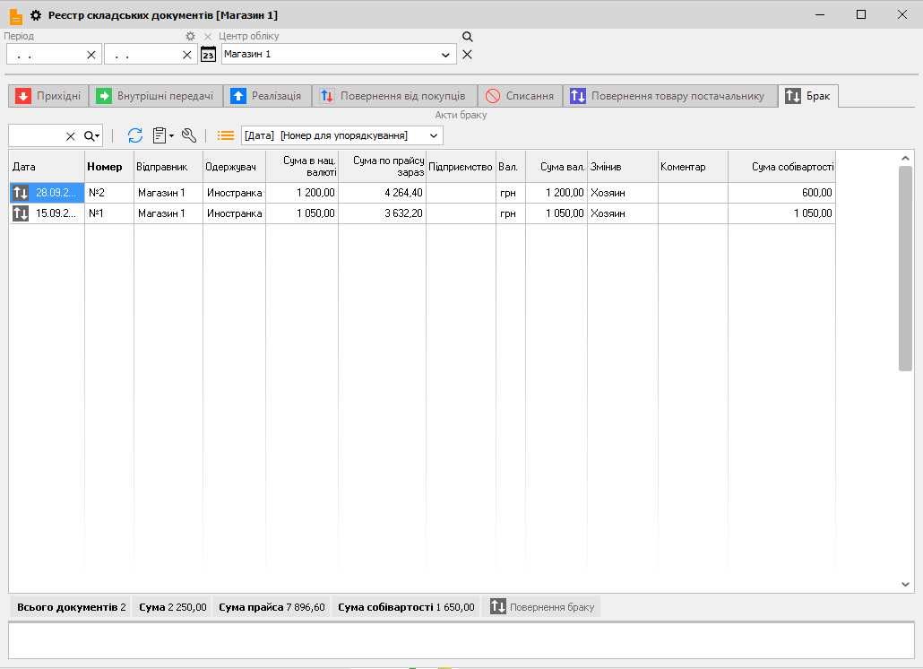 Реєстр складських документів - Брак